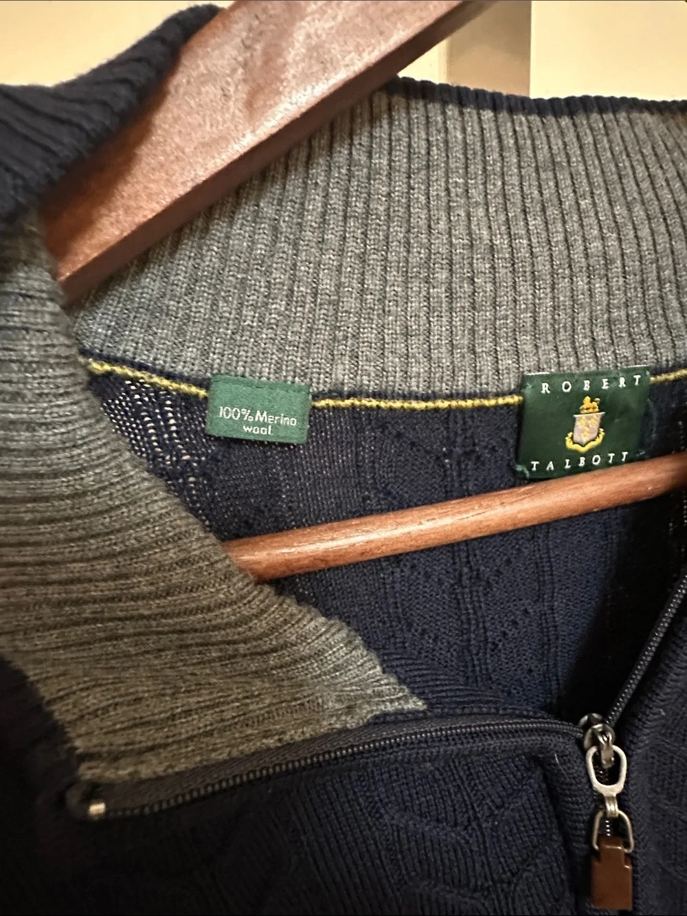 Robert Talbott XXL Merino Wool Cable Knit Quarter Zip Sweater Navy